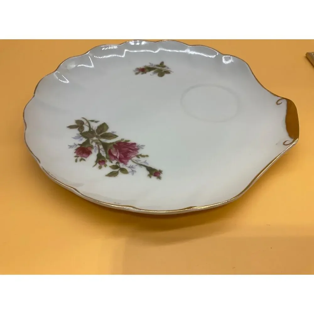 Vintage Rose Snack Plate Gold Trim‎ Scalloped Edge 7.5